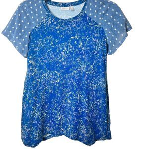 LOGO Lori Goldstein Tunic Top Sz XS Blue Print Contrasting Mesh Short Sleeves